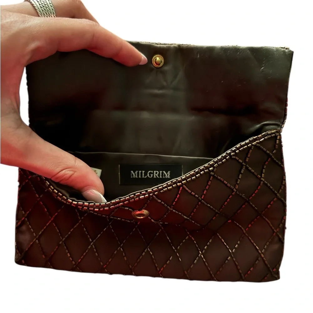 Rare Vintage 1950’s Milgrim Beaded Brown Quilted Clutch (8in X 5in)